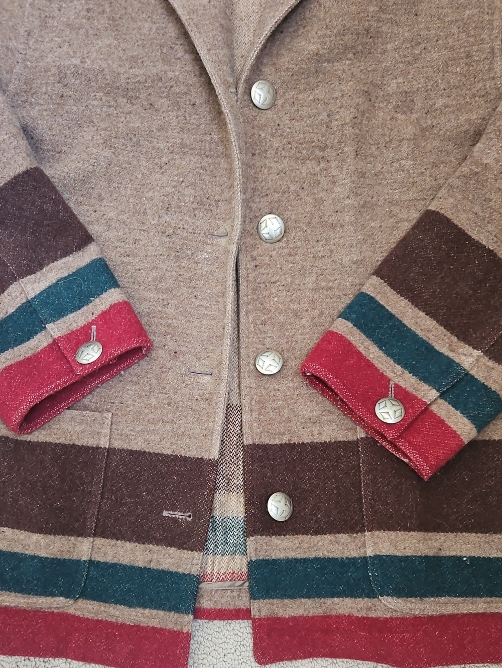Vintage Ralph Lauren Brown Wool Blend Striped Trim Jacket - Red & Teal Accents - Picture 3 of 7